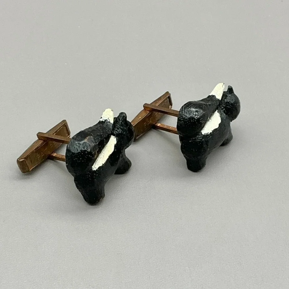 Vintage Skunk Cufflinks Hand Painted Figural Black White Wood Novelty Pat Pend